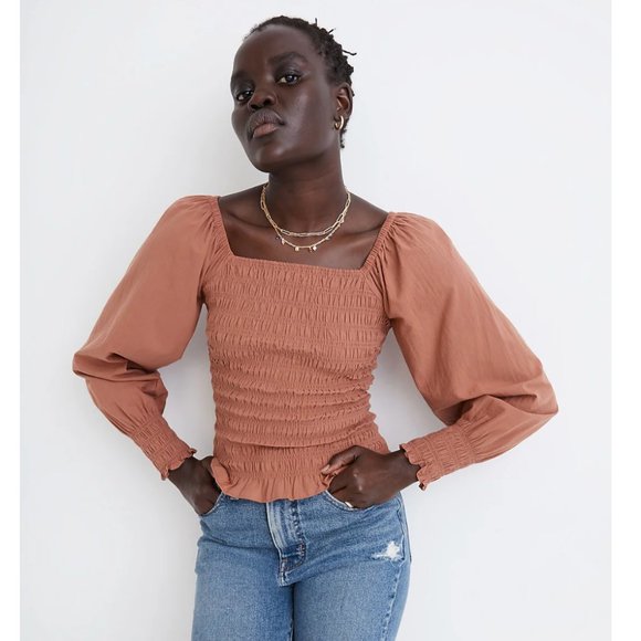 Madewell Lucie Bubble-Sleeve Smocked Top in Warm Umber Rust - Picture 3 of 7